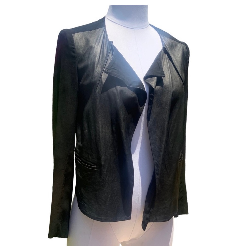 ELAINE KIM Black Leather Jacket. Silk Details. LA Designer Edgy Moto Chic. Sz 4.